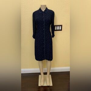 J. Jill Size 10 Navy Blue Leaf Print Long Sleeve Buttons Front Shirt Dress